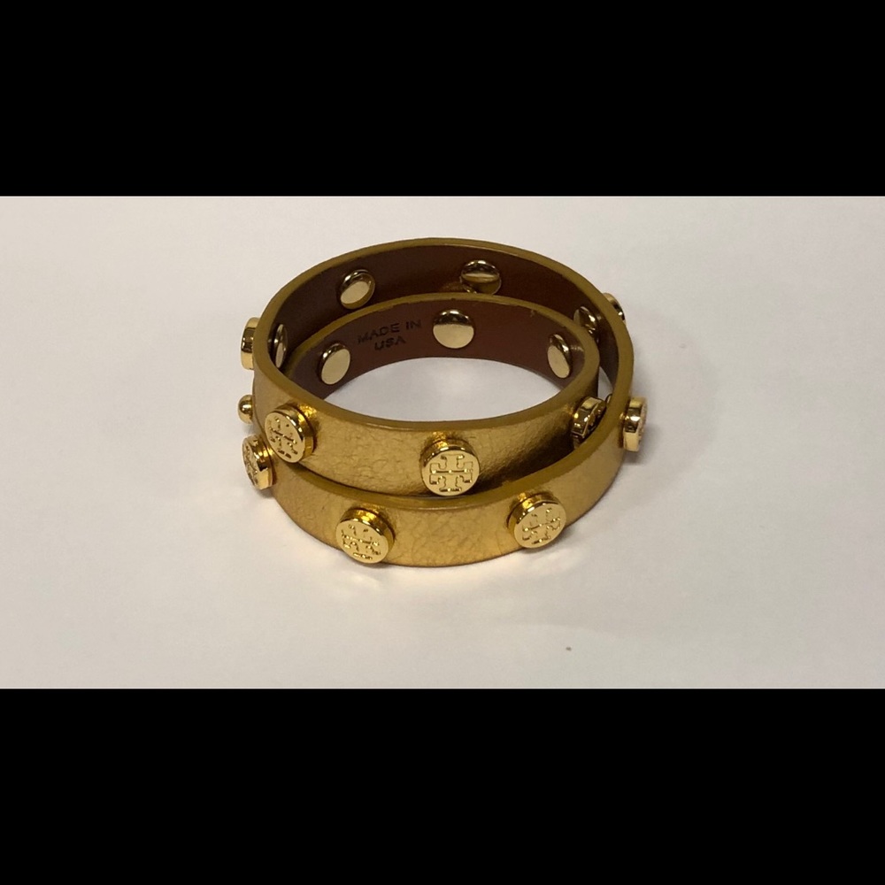 Tory Burch logo stud double wrap bracelet in gold.